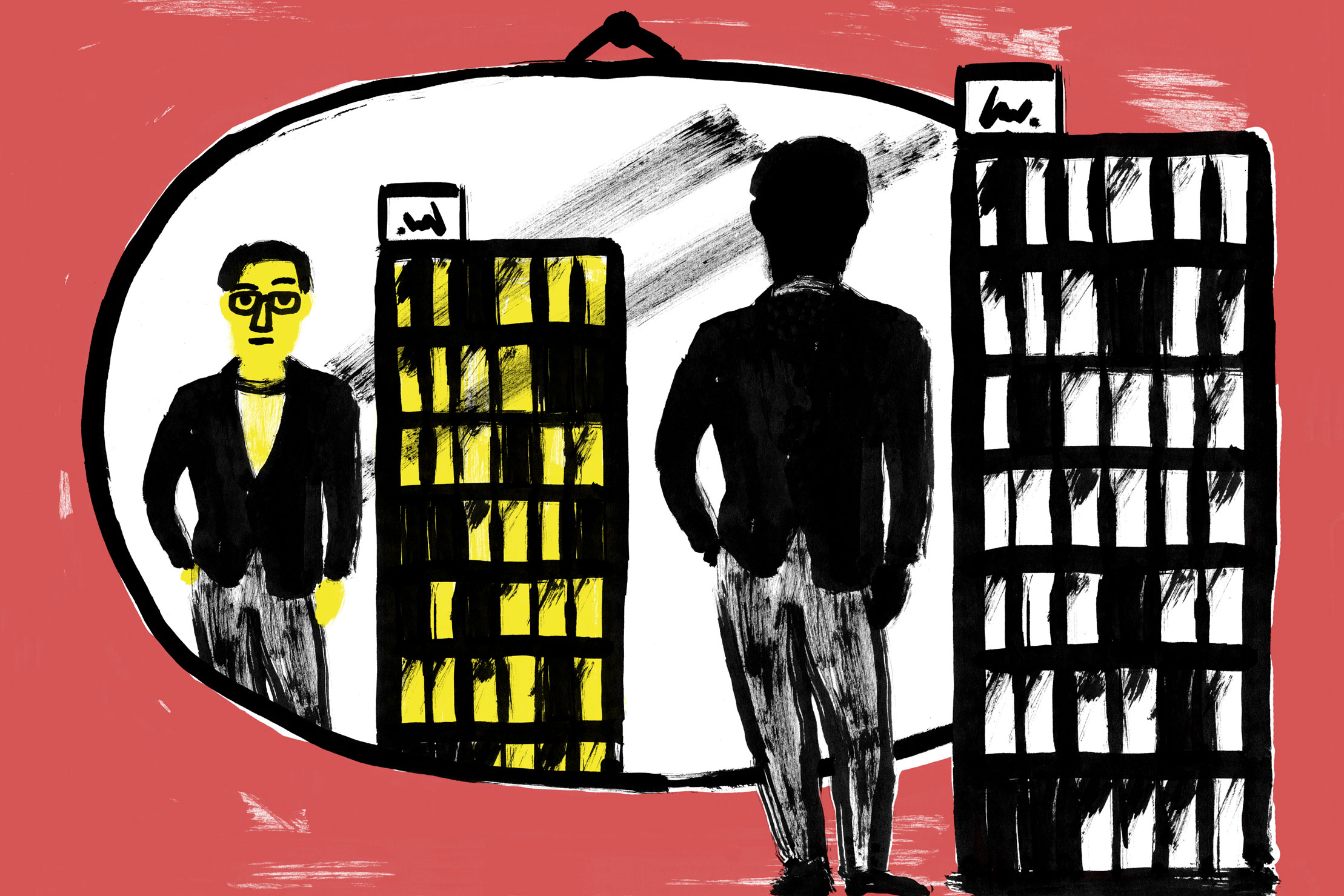 Illustration: Bildungsprozesse für Mensch und Organisation, ein Mensch steht neben einem Bürohochhaus und schaut in den Spiegel